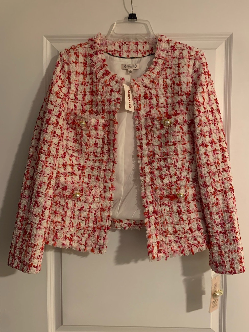 Womens Pink & White Tweed Jacket with Pearl Buttons